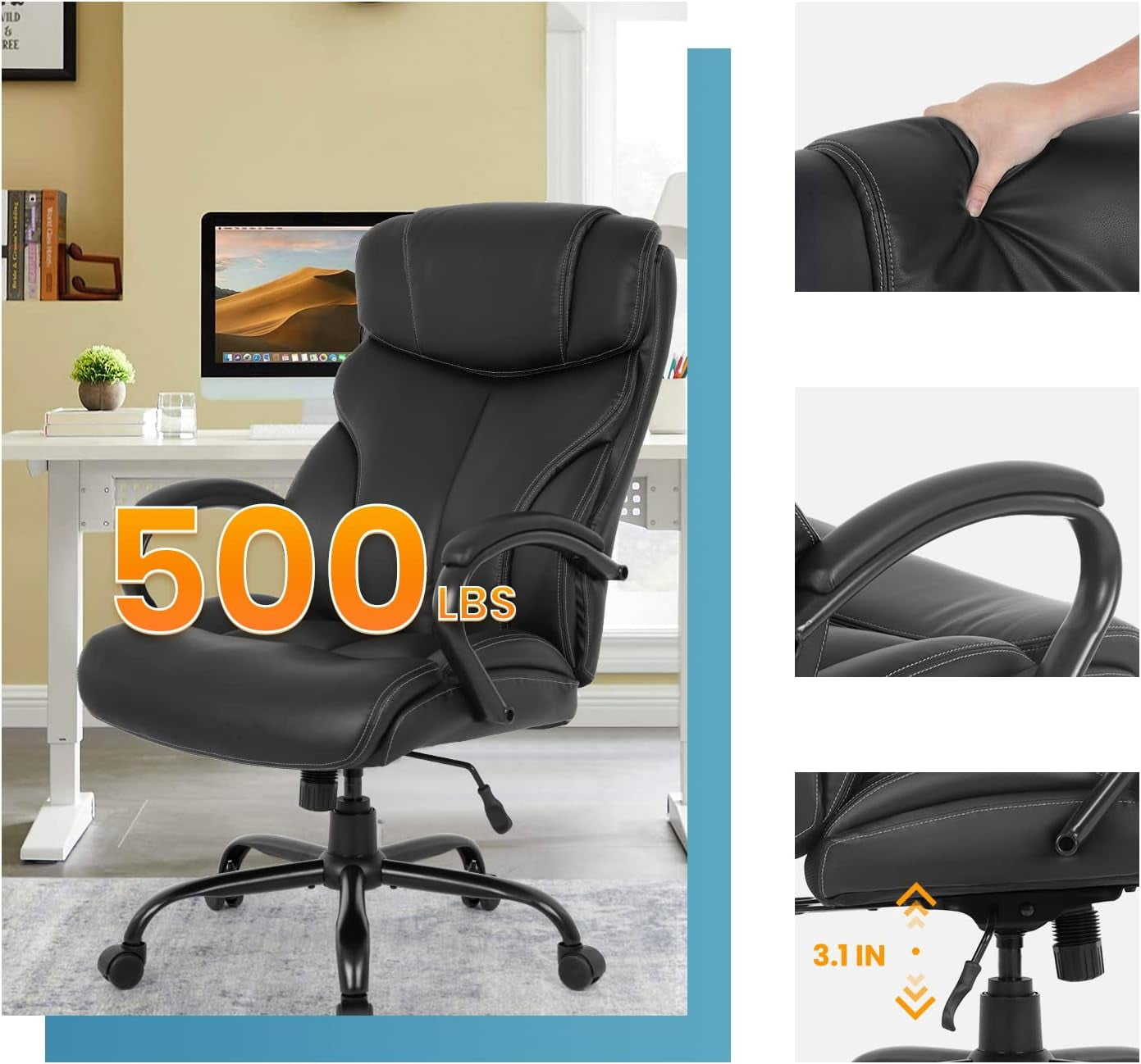 Dkelincs Ergonomic Office Chair Big and Tall Wide Seat Desk Chair 500 lbs Adjustable Computer Chair with Lumbar Support, Black