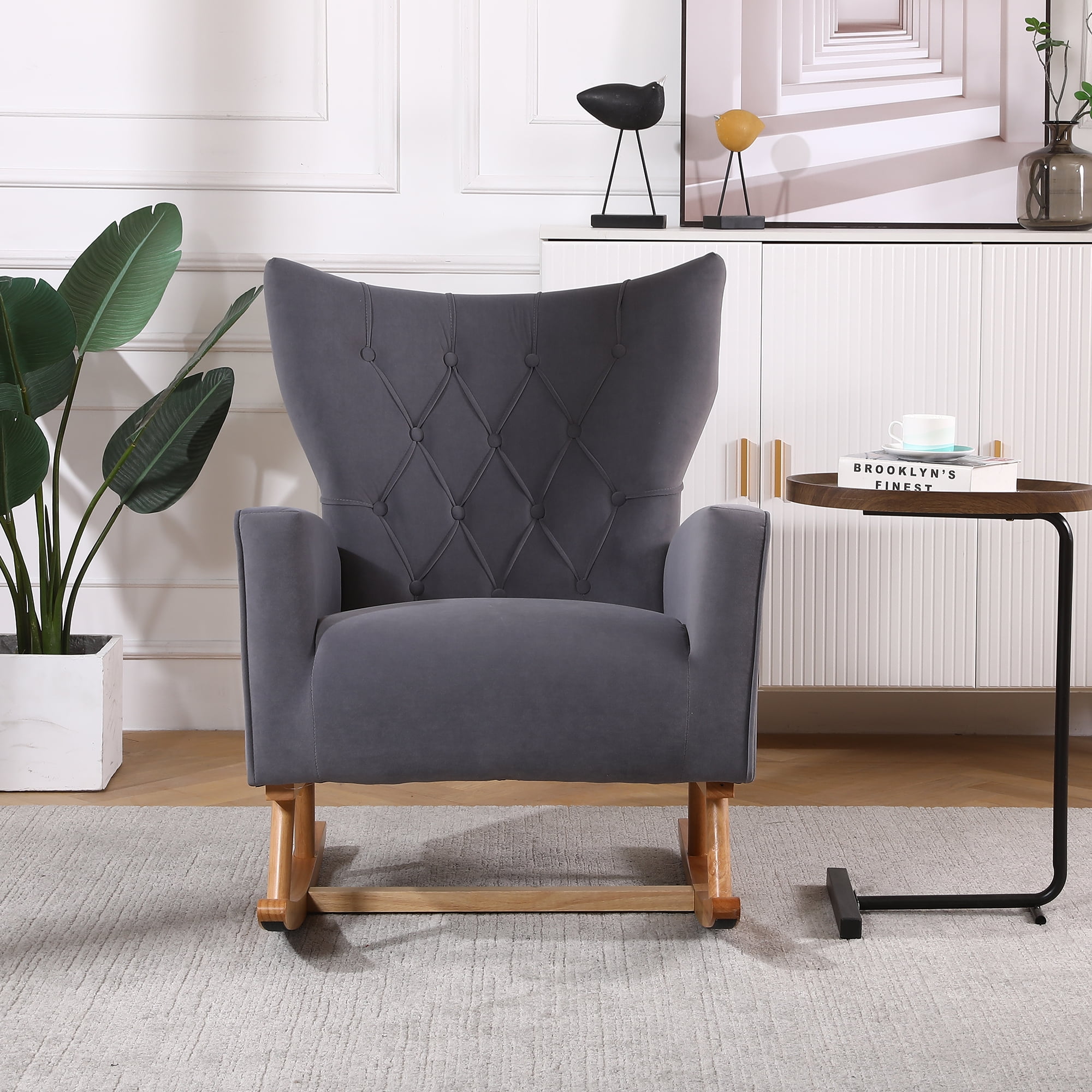 Resenkos Modern Velvet Rocking Chair Nursery with High Backrest, Living Room Accent Chair Armchair, Grey Resenkos Modern Velvet Rocking Chair Nursery with High Backrest, Living Room Accent Chair Armchair, Grey