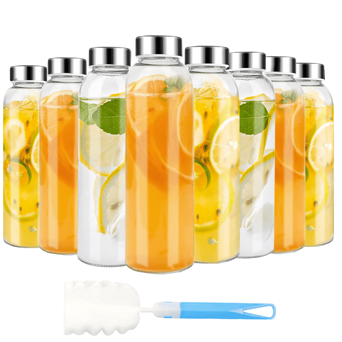 GPED 18 oz Clear Glass Bottles with Lids, Reusable Glass Water Bottles Set of 8 with Stainless Steel Cap for Juicing, Refrigerator,100% Leak Proof, ECO Friendly, Bpa Free, Dishwasher Safe