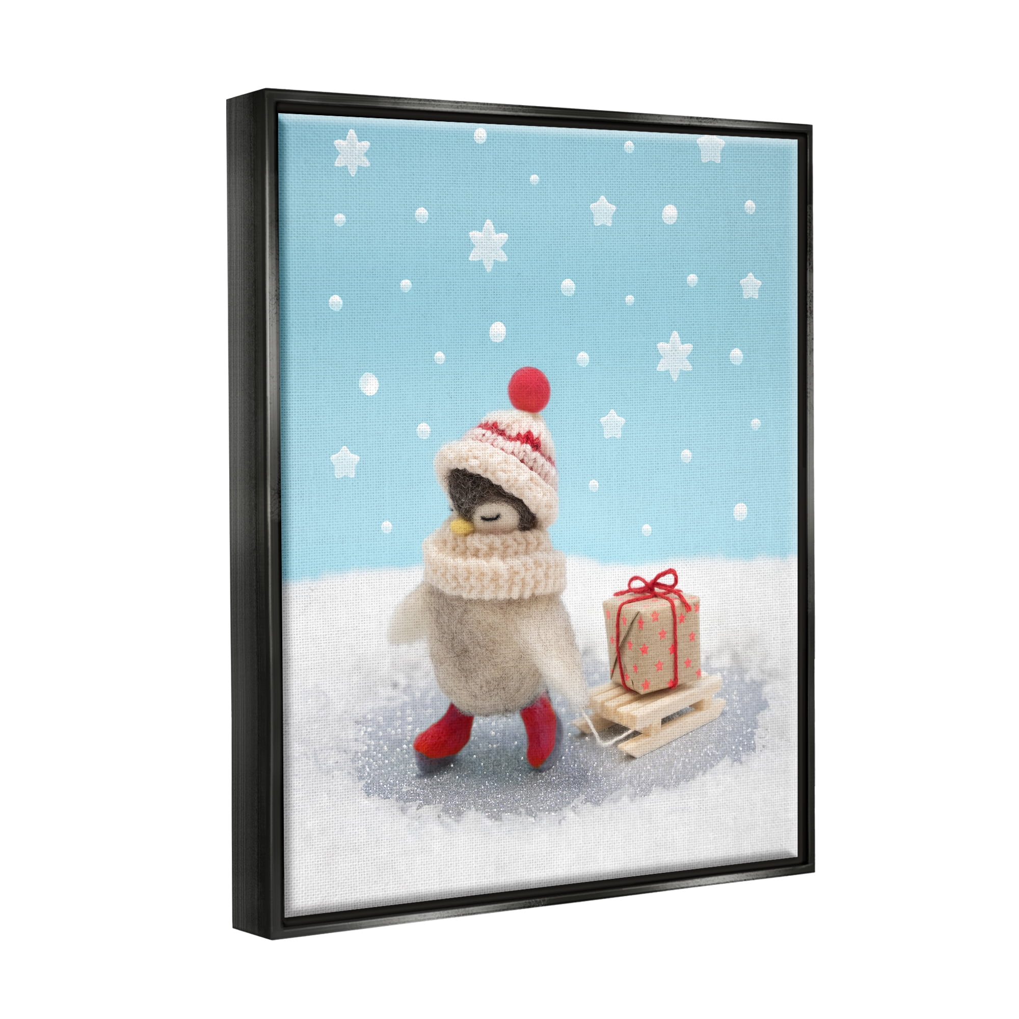 Stupell Industries Penguin Christmas Present Sled Holiday Photography Black Floater Framed Art Print Wall Art