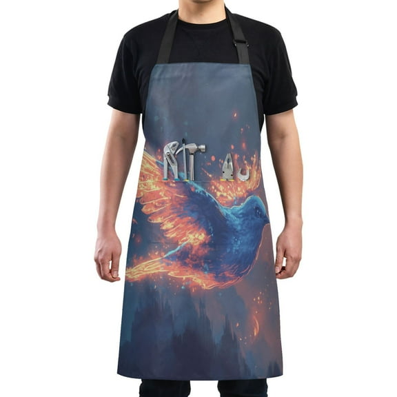 Kitchen Apron with 2 Pockets Adjustable waterproof Cooking Aprons for Women Men Chef Blue Bird with Lighte Feathers