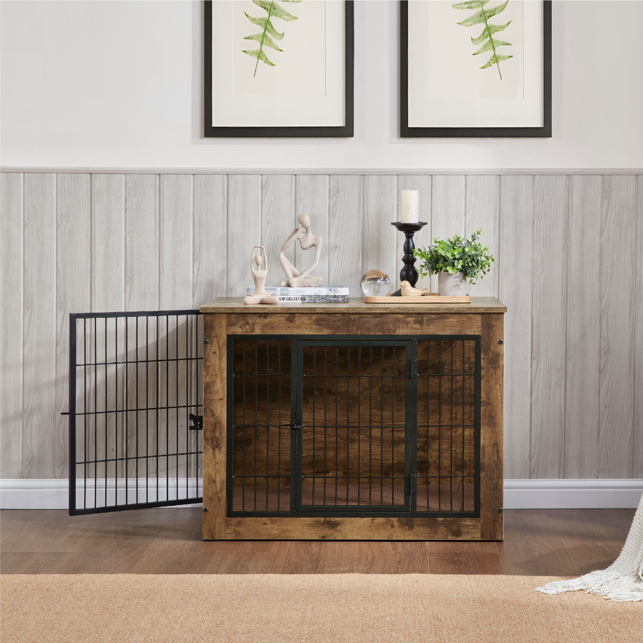 MAYEERTY 40" Wooden Dog Crate Furniture with Cushion, Double Doors for Small/Medium Dogs, Rustic Brown