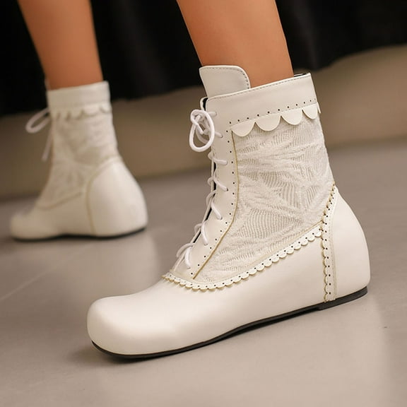 PiGOGI Women's Embroidered Ankle Boots, Lace Up Flat Boots for Women, Round Toe Winter Fashion Boots White 43