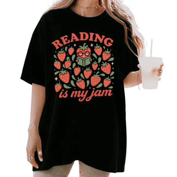 UNISHE Women's Reading Is My Jam Cute Cartoon Strawberry Book Lover Graphic Short Sleeve T-shirt Relaxed Fit