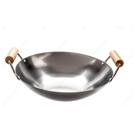 M.V. Trading TW006 Carbon Steel Flat Bottom Wok with Double Wood Handle,