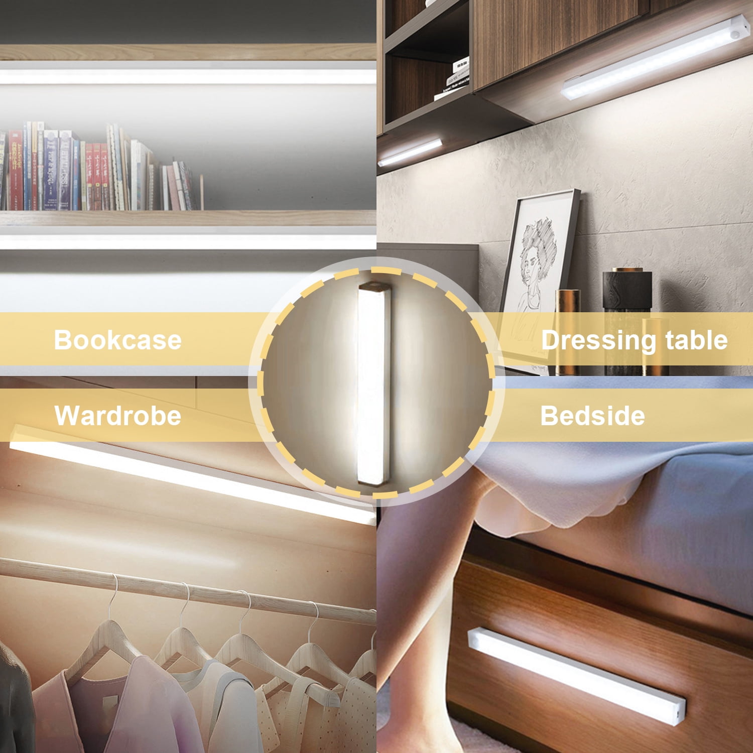 6 Pack LED Under Cabinet Lights,Dimmable Motion Sensor Light,Sticky Lamps Closet Light,USB Rechargeable LED Lights for Kitchen Hallway,11.81 x 0.78 in,White