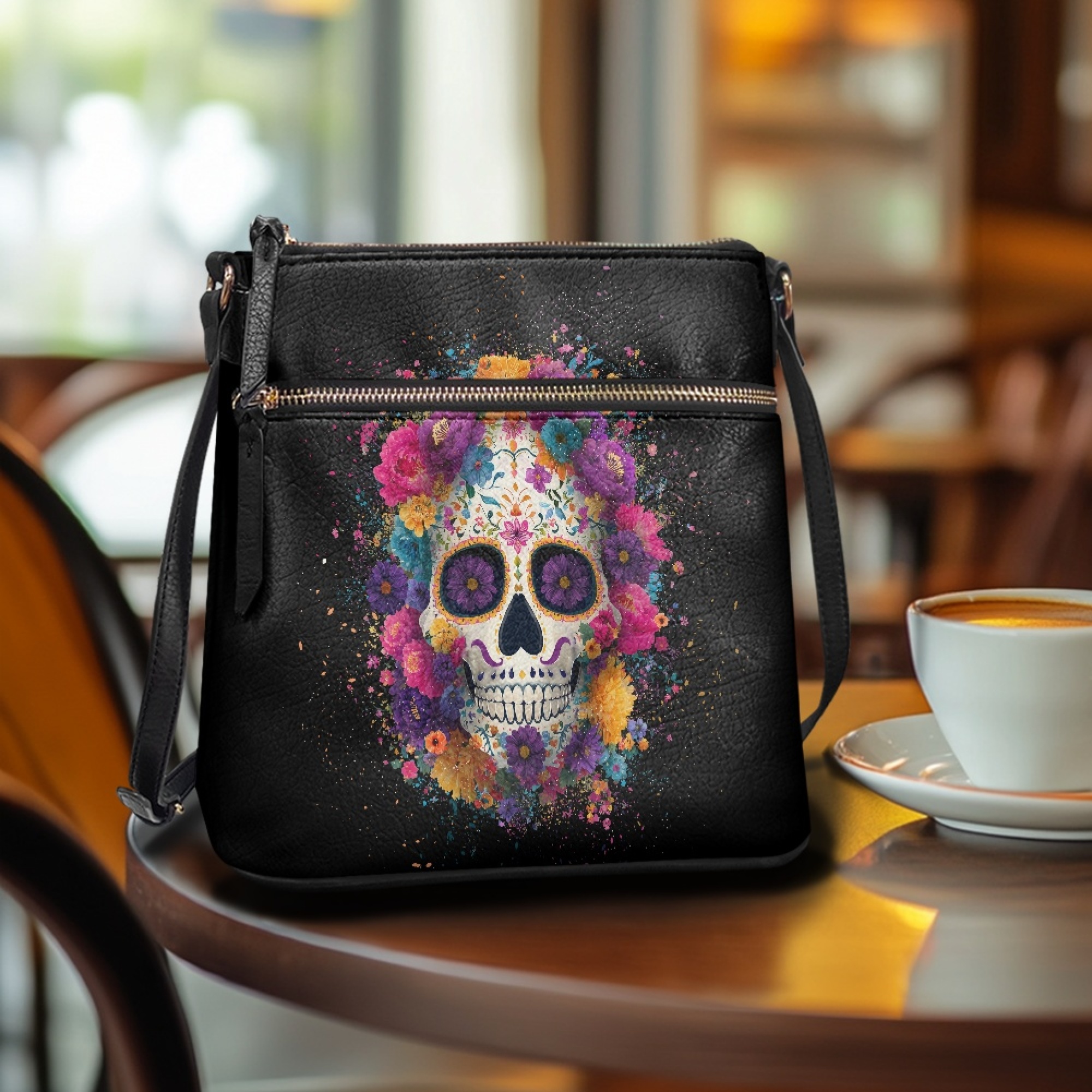 Kuiaobaty Skull Daisy Print Crossbody Bag for Women, Multi Pockets Vegan Leather Shoulder Handbag with Adjustable Strap, Medium Size Messenger Purse Crossbody for Travel & Party