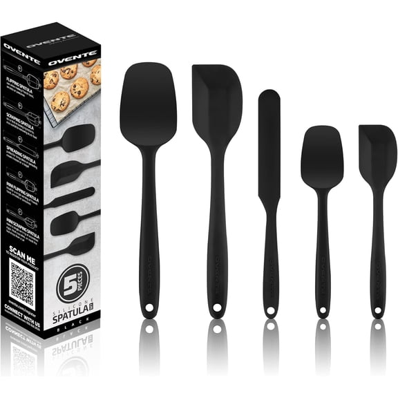 OVENTE Silicone Spatula Set of 5, Food Grade Rubber Spatula with High Heat Resistant, BPA-Free and Dishwasher Safe, Nonstick Kitchen Utensils for Baking, Cooking and Mixing, Black SP12305B