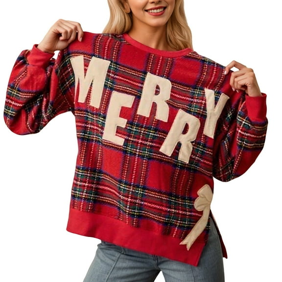 Women Christmas Sweatshirts Bow Embroidery Cute Plaid Print Casual Blouse Long Sleeve Crewneck Graphic Blouse Sweaters Top