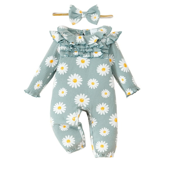 Newborn Baby Girls Clothes Baby Girls One-piece Romper Newborn Girls Long Sleeve Round Neckline Floral Bodysuit with Headband 2PCS Set Green 3-6 Months