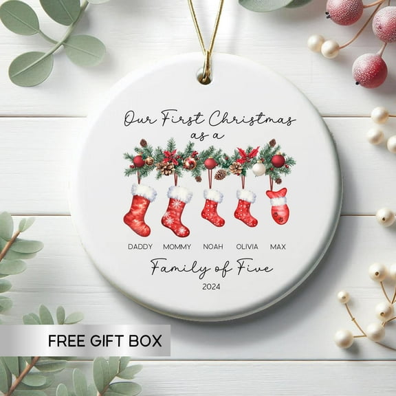 Family of Five 2025 Personalized Ornament — First Christmas Together, With Pet