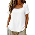 thumbnail image 4 of WRFWUL Womens Cotton Linen Tops Square Neck Short Sleeve Shirts Ruffle Trim Loose Fit Solid Color Blouses Summer Casual Vacation Clothing, 4 of 6