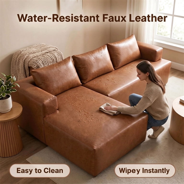 Aukfa 96" Brown Leather Cloud Sectional Sofa, L-Shaped photo 6