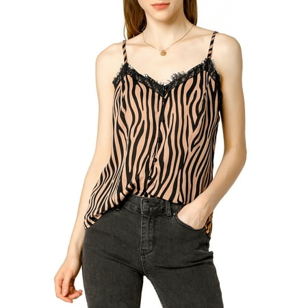 Allegra K Women's V Neck Animal Print Sleeveless Lace Trim Blouse Spaghetti Strap Cami Tank Top XL Brown
