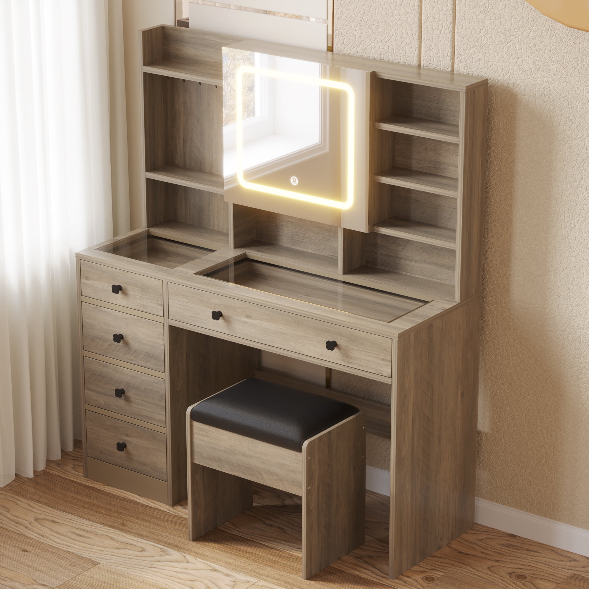 Ktaxon Large 47.2" Makeup Vanity with 3 Color Lights, Dressing Table with USB Charging Station, Gray