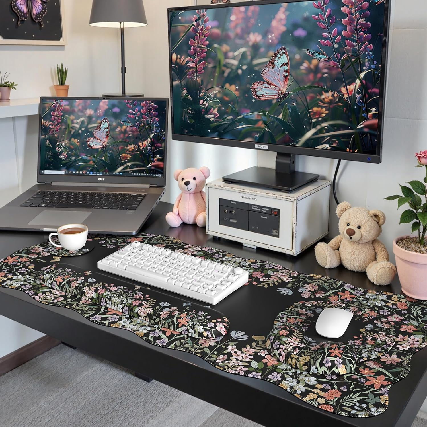 Desk Mat Set,Large Mouse Pad with Wrist Rest,Ergonomic Keyboard Wrist Support for Women,Girly Floral Computer Mat with Scalloped Edges,Non-Slip Desk Pad Home Office Gaming (Black)
