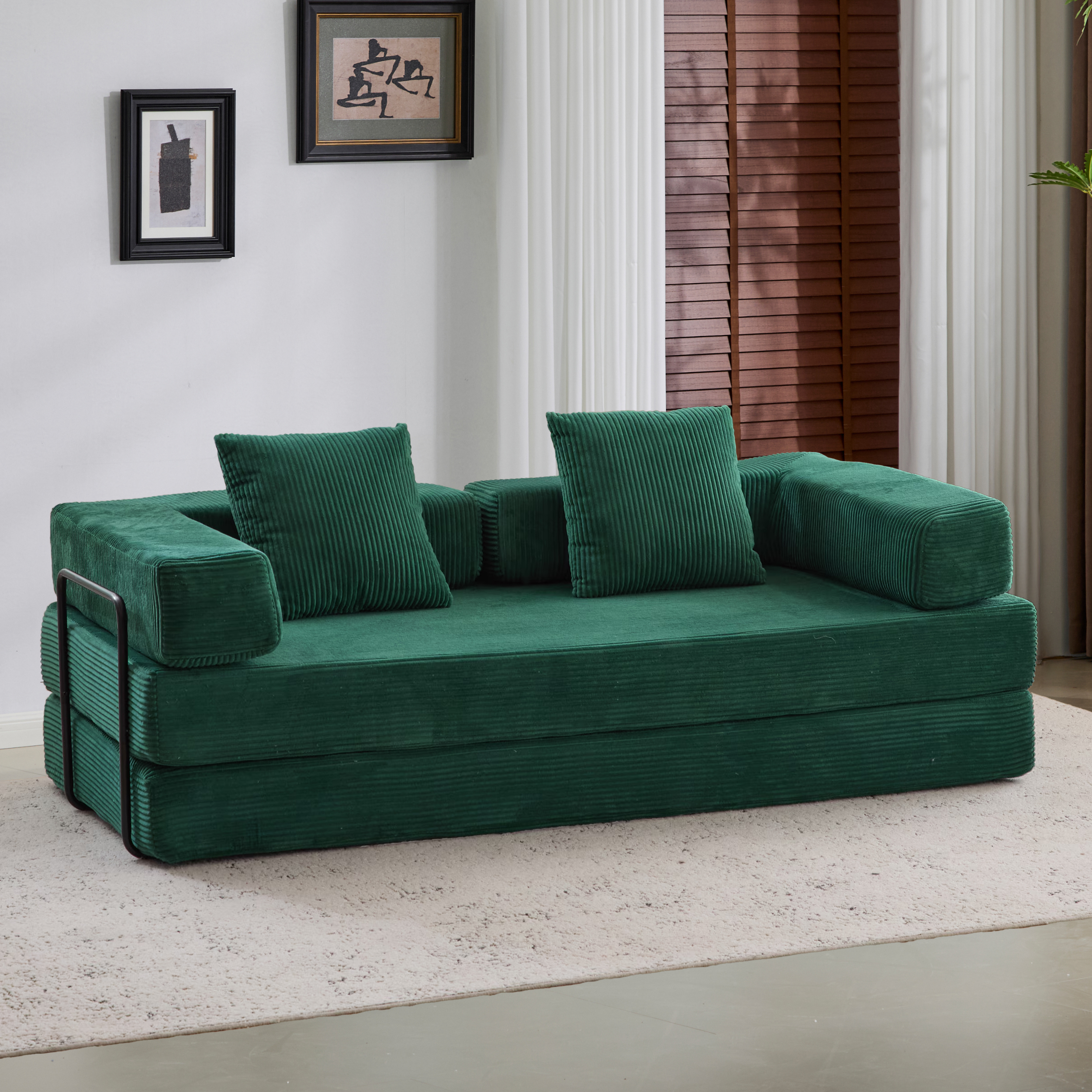 Convertible Couch Sofa Bed Foldable Floor Sleeper | Modern Fold Out Couch | Removable Backrest & Armrests | No Assembly Compression Sofa Sleeper for Living Room, Bedroom | Corduroy Fabric Green