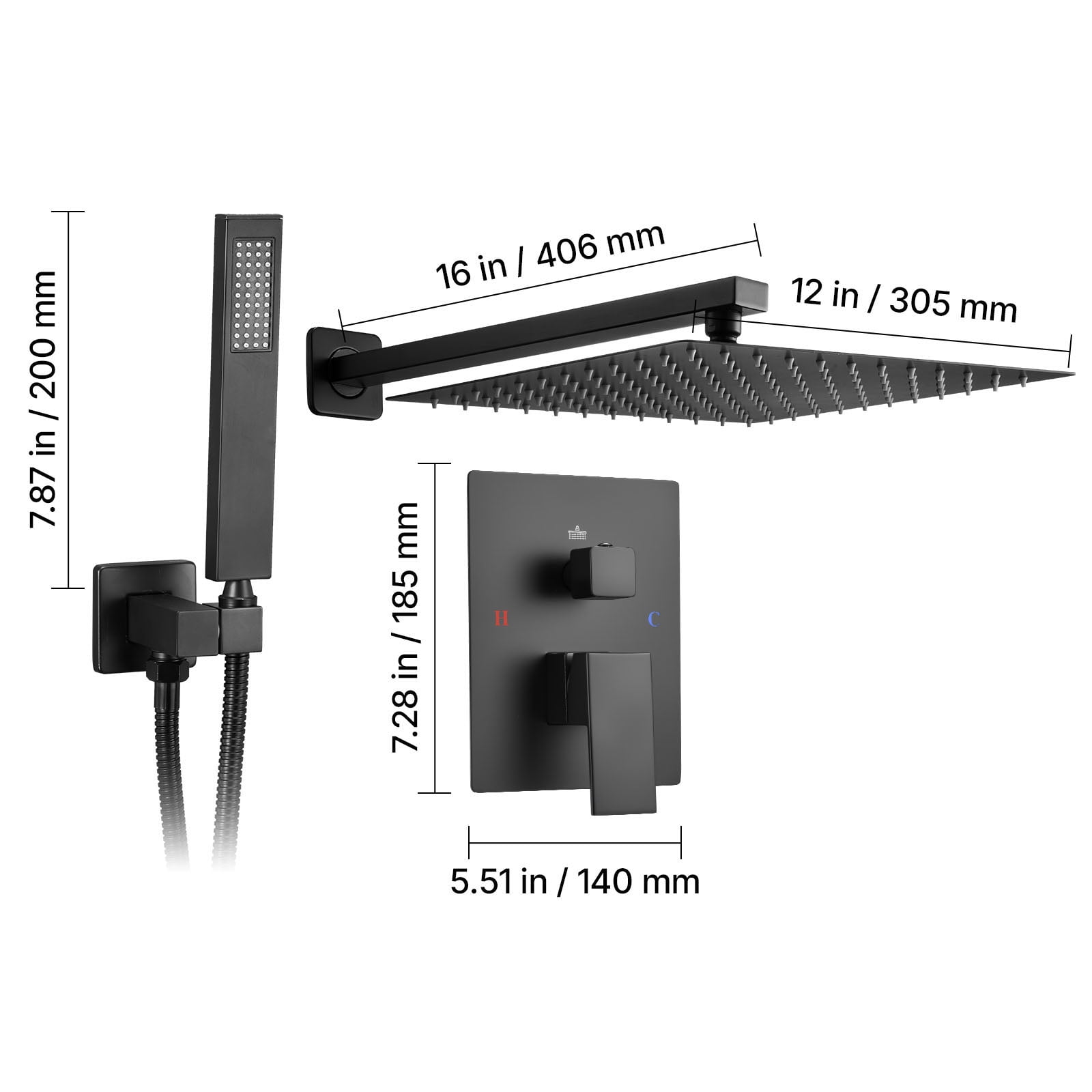 KFFKFF Wall-Mounted Shower System with 12-Inch Square Rain Shower Head and Handheld Spray, Bathroom Fixtures with Brass Valve and Trim Kit, Matte Black