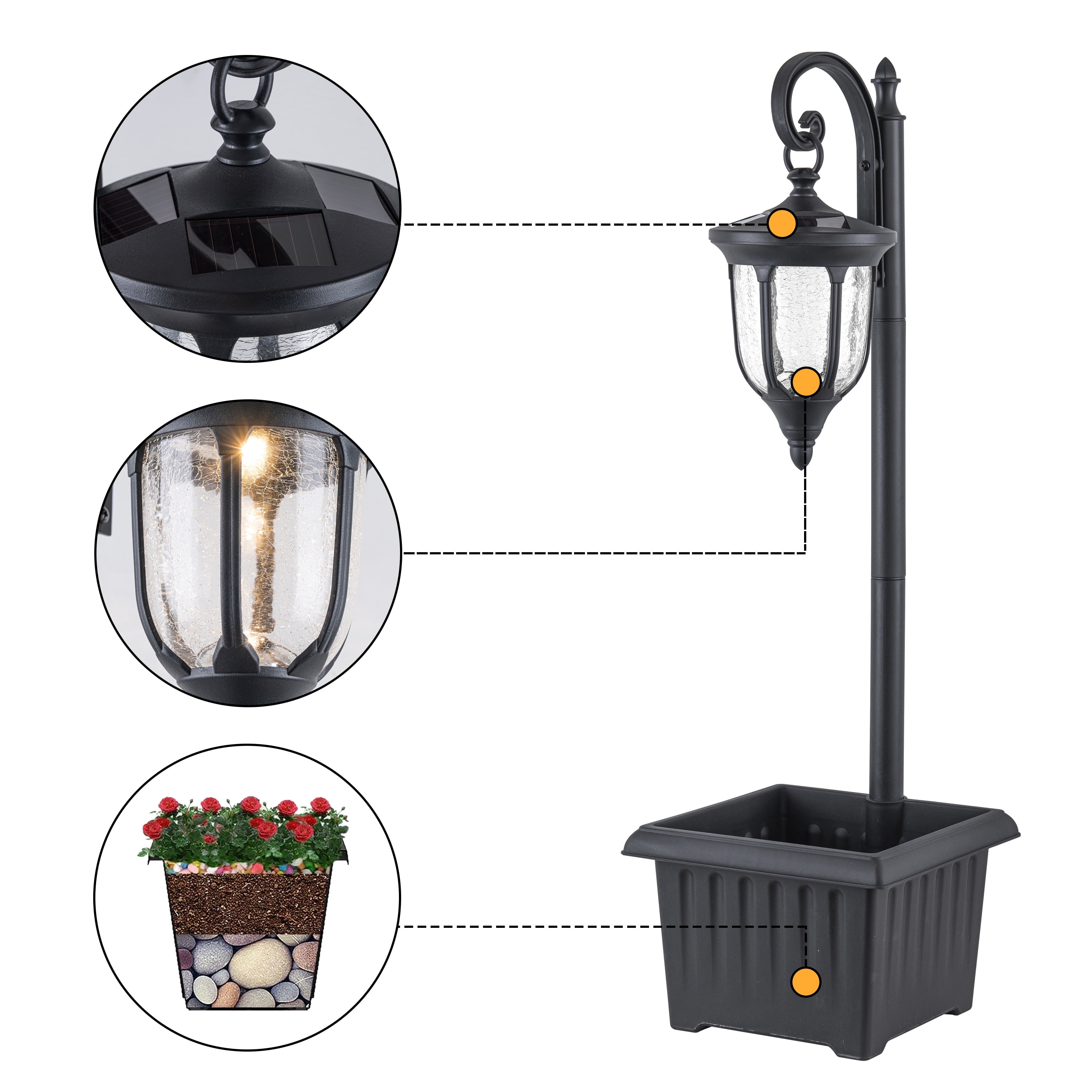C Cattleya 1-Light Black Solar Outdoor Post Light with Planter and Crackle Glass