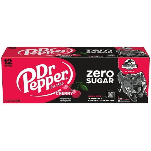 Dr Pepper Zero Sugar Cherry Soda Pop, 12 fl oz, 12 Pack Cans, Jurassic World Rebirth Limited Edition