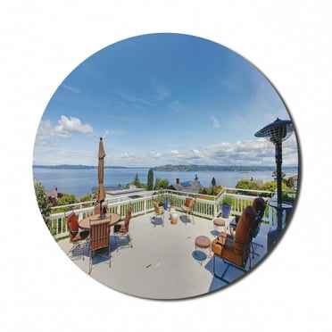 Landscape Mouse Pad for Computers, White House Terrace Balcony for Sunbathing Relaxing Sea Ocean Scenery, Round Non-Slip Thick Rubber Modern Gaming Mousepad, 8" Round, Multicolor, by Ambesonne