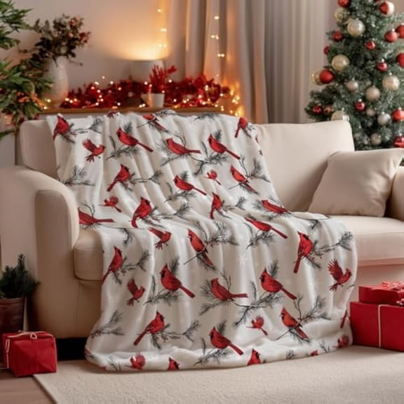 Christmas Flannel Blanket Throw, Cardinal Bird Pine Cone Soft Fuzzy Plush Cozy Fleece Blankets for Couch Sofa Bed Lounging, Ideal Gifts for Kids Adults Wife Self, 60x80