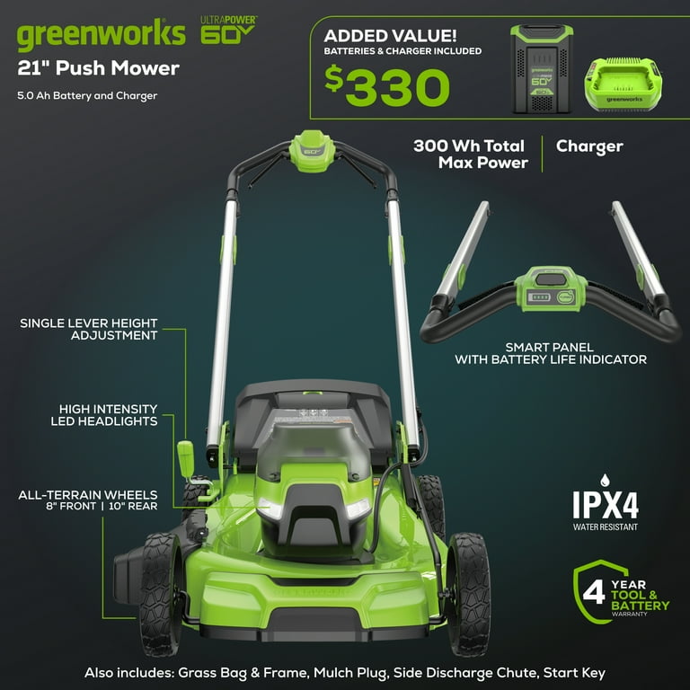 Greenworks 60V 21" Push Lawn Mower + (1) 5.0 Ah Battery &amp; Charger 
