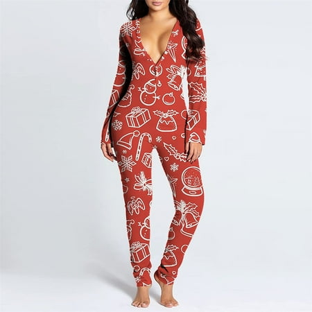 

HOMBOM Womens PJS Womens Onesie Flap Pajamas Christmas Print Sexy Butt Flap Sleepwear Cute Button Collar Rompers Nightwear Jumpsuit