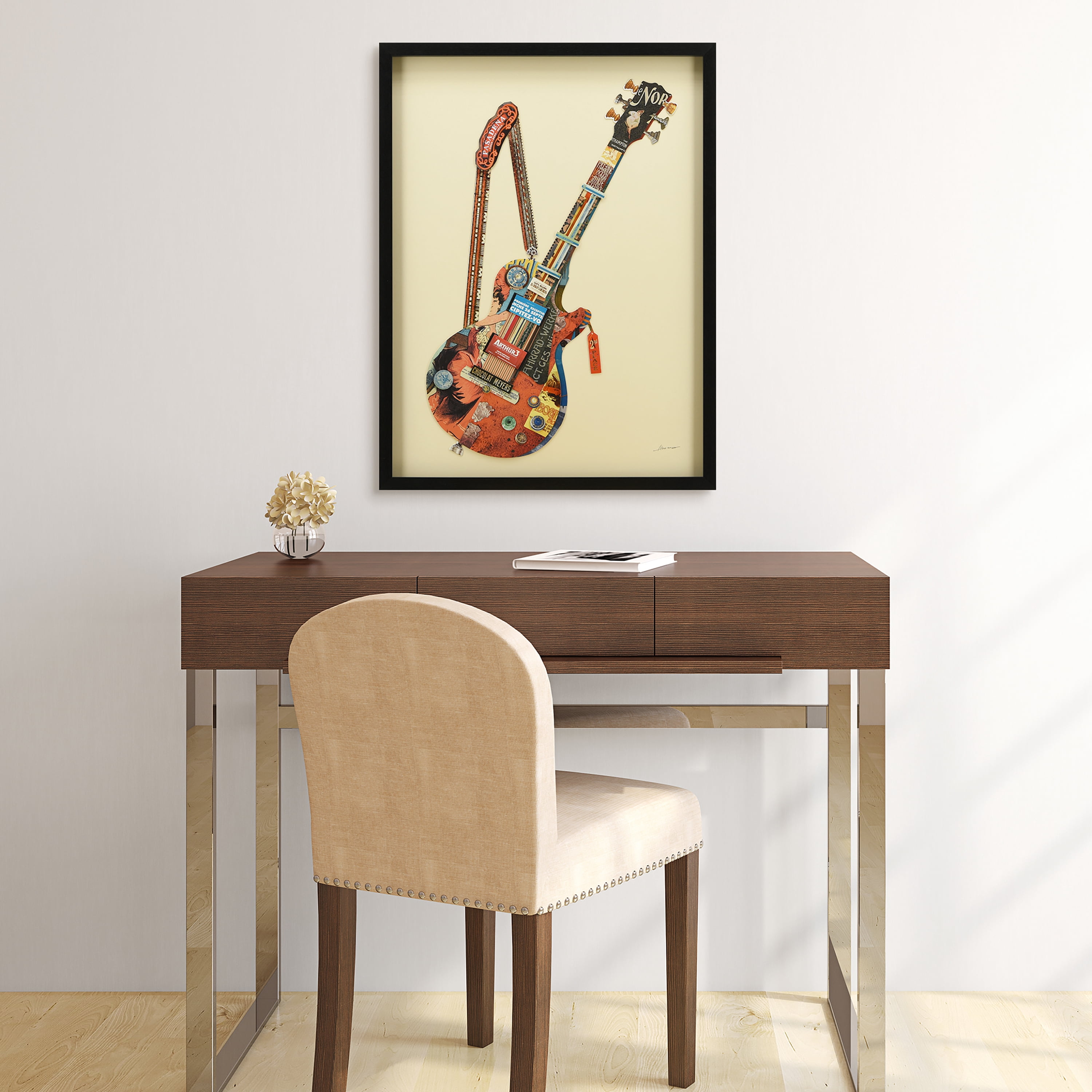 "Electric Guitar" Dimensional Collage Framed Graphic Art Under Glass Wall Art