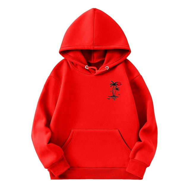 PMVFHDE Liquidation Automne Chandail en Molleton Col Rond Enfants Filles Chemise de Sport Garçon Fille Imprimé Cocotier Chandail à Capuchon Décontracté Pull à Capuche avec Poche Adapté pour Adolescent Rouge,130