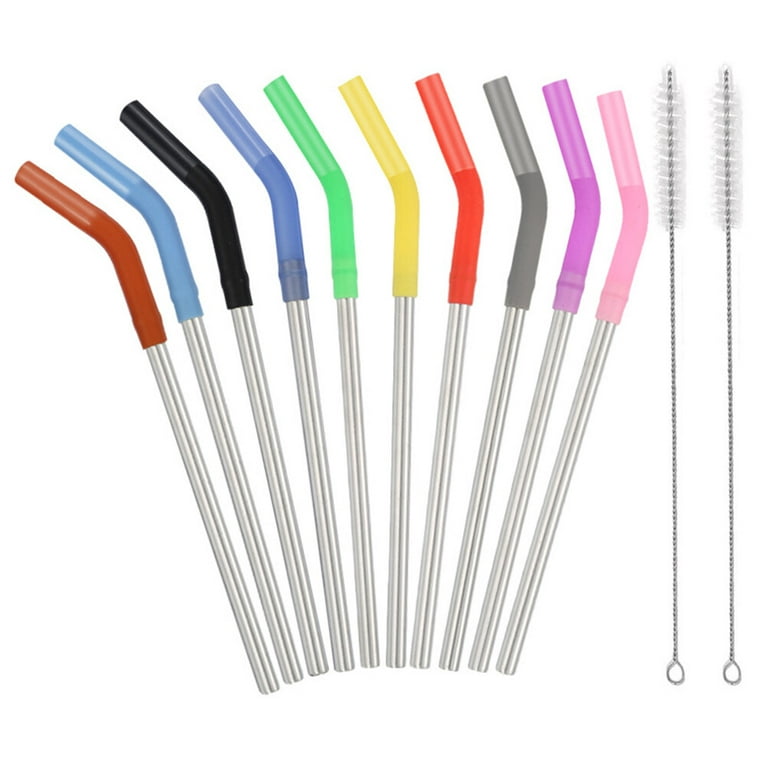 12pcs Stainless Steel Straws Set Silicone Suction Nozzle Straw Reusable  Chewy Drinking Straw (10 Mixed Color Straws+2 20cm Brushes)