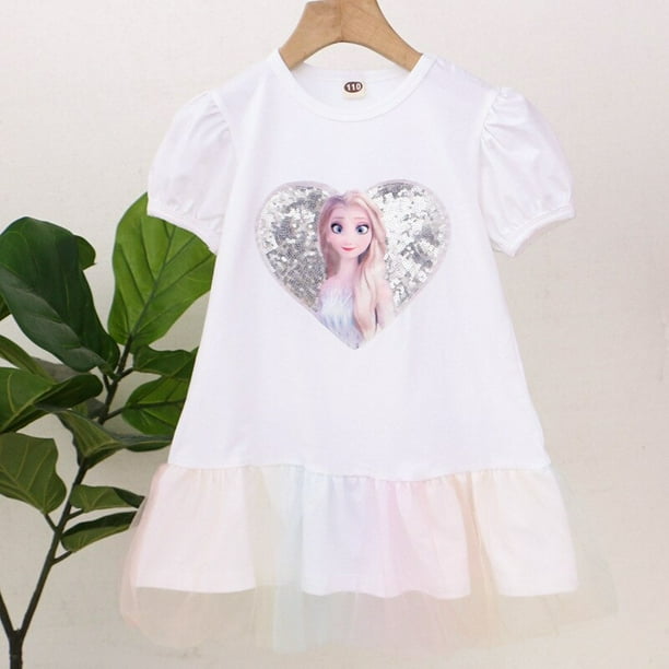 Ropa para niñas, vestido de lentejuelas Frozen Elsa Anna para niños de 4 a 8 años, mangas cortas abullonadas de verano, vestidos de moda de malla de algodón 7T Gao Jinjia LED