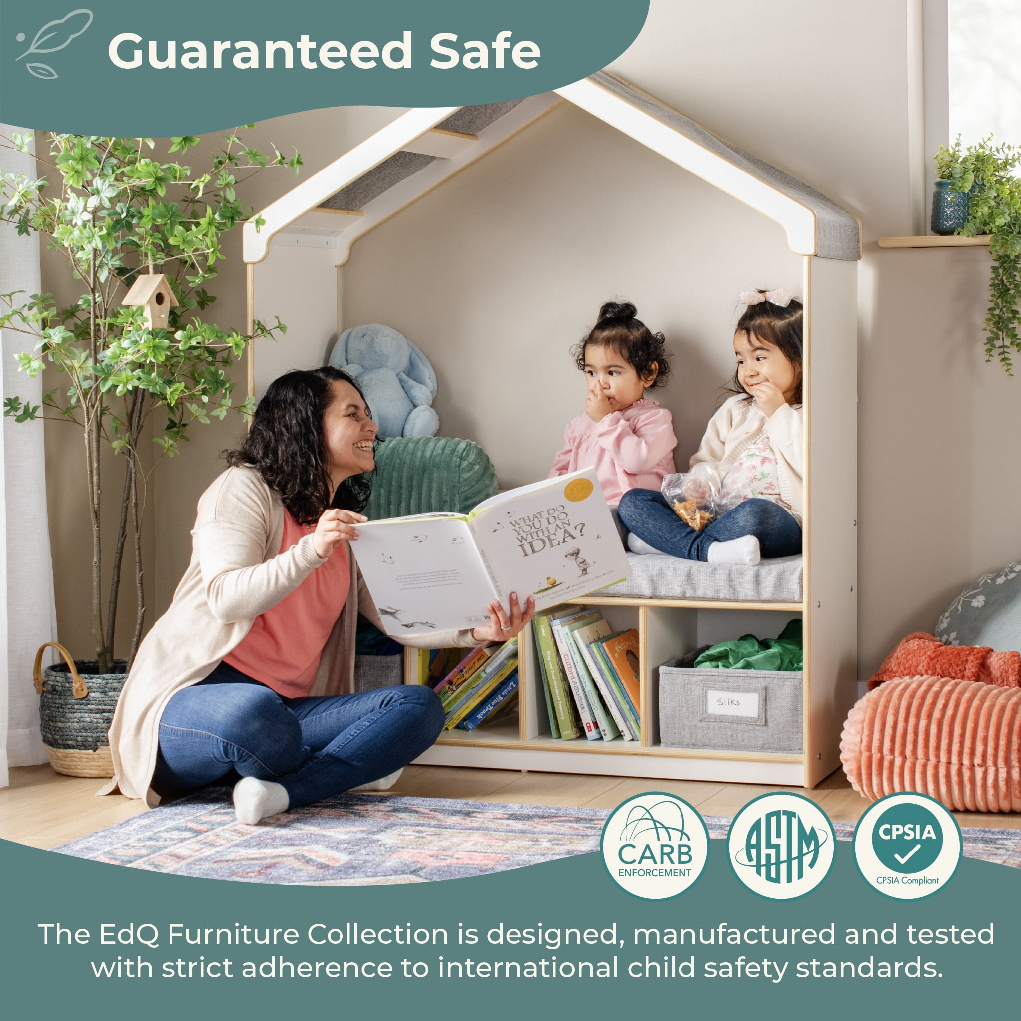 Guidecraft EdQ Kids' Reading Nook - White: Children's Bookshelf Storage Bench with Cubbies and Bins