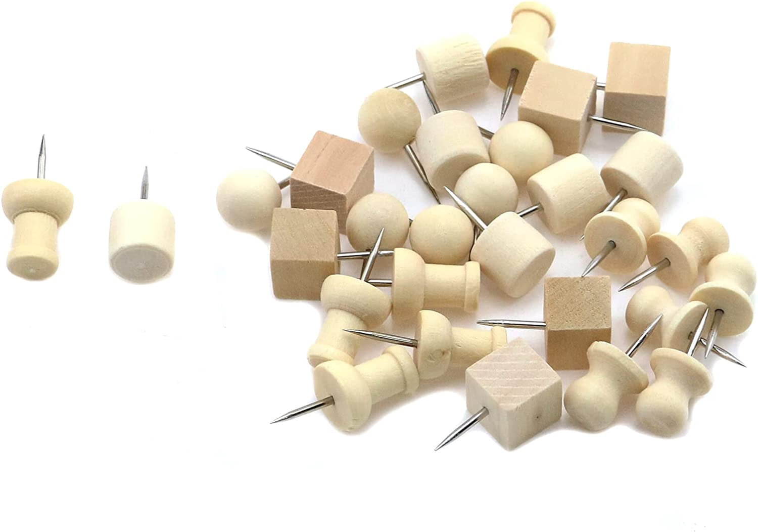 30Pcs Wood Push Pins Assortment Kit with Plastic Case 5 Types Wooden ...