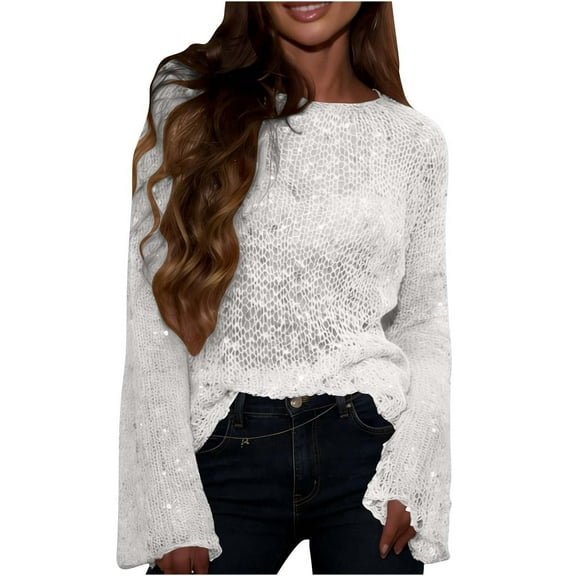 Lenpel Women's Sequin Crochet Tops Bell Long Sleeve Boat Neck Hollow out Sparkly Glitter Knitted Shirts Loose Cover up Blouses(White,X-Large)