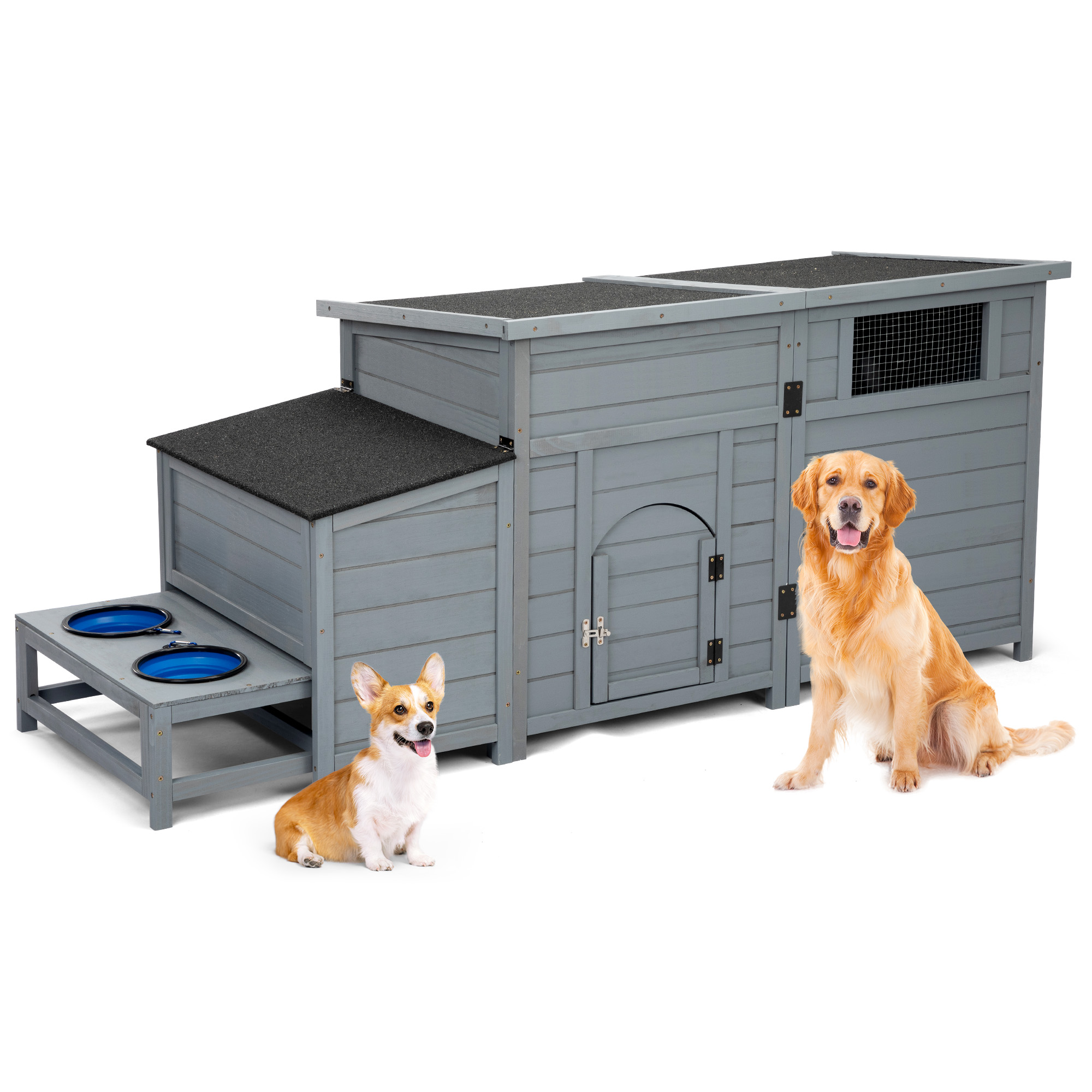 Anwickjeff Dog House Wooden Outdoor Dog Kennel with Food Bowls and an Open Roof