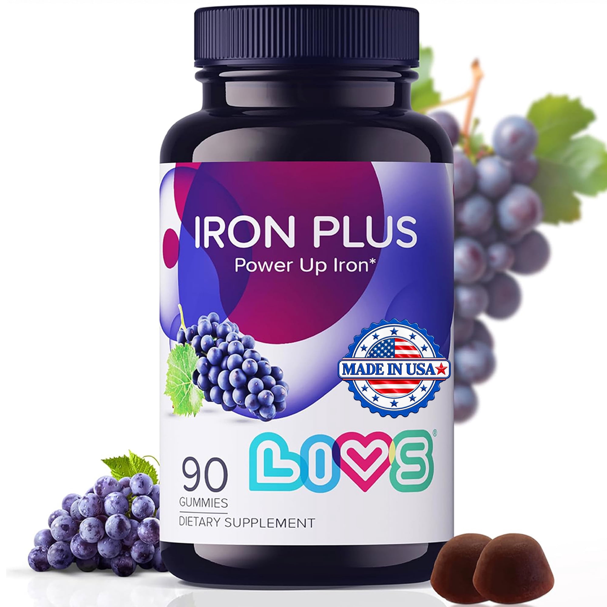 LIVS Nutrition Iron Plus Gummies – Iron Supplement with Vitamin C, B12, Folate, Zinc & Biotin – Energy, Immune & Blood Support – Gentle on Stomach – Grape Flavor – 90 Count