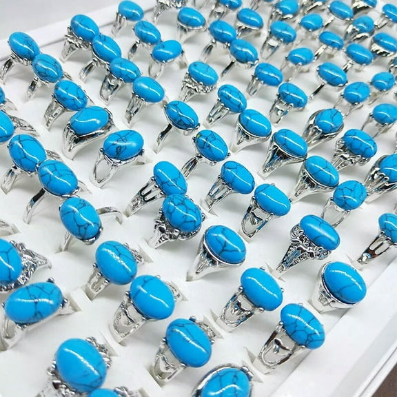 K-KED 30pcs Wholesale Lots Mixed Oval Natural Stone Turquoise Fashion Womens Rings