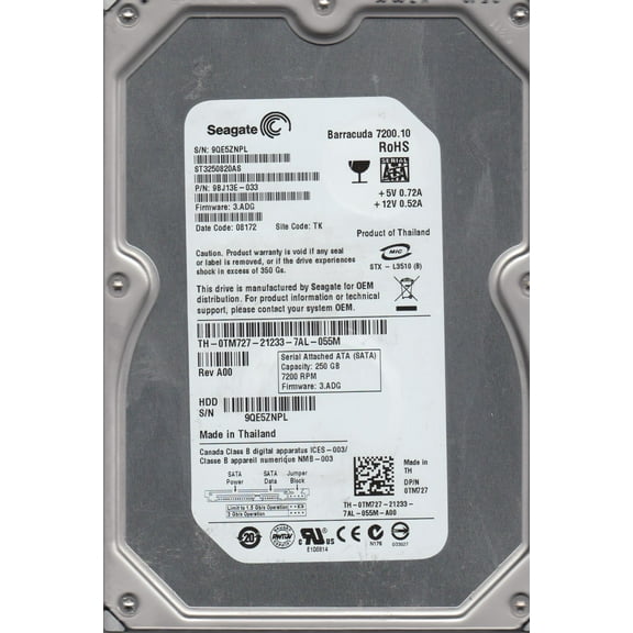 ST3250820AS, 9QE, TK, PN 9BJ13E-033, FW 3.ADG, Seagate 250GB SATA 3.5 Hard Drive