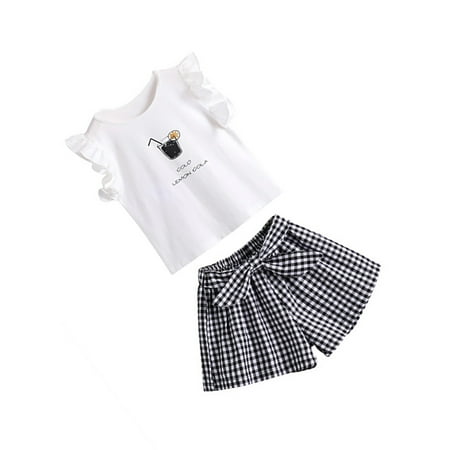 

2Pcs Girl Summer Outfit Kids Fly Sleeve Plaid Shorts Elastic Top T-Shirt