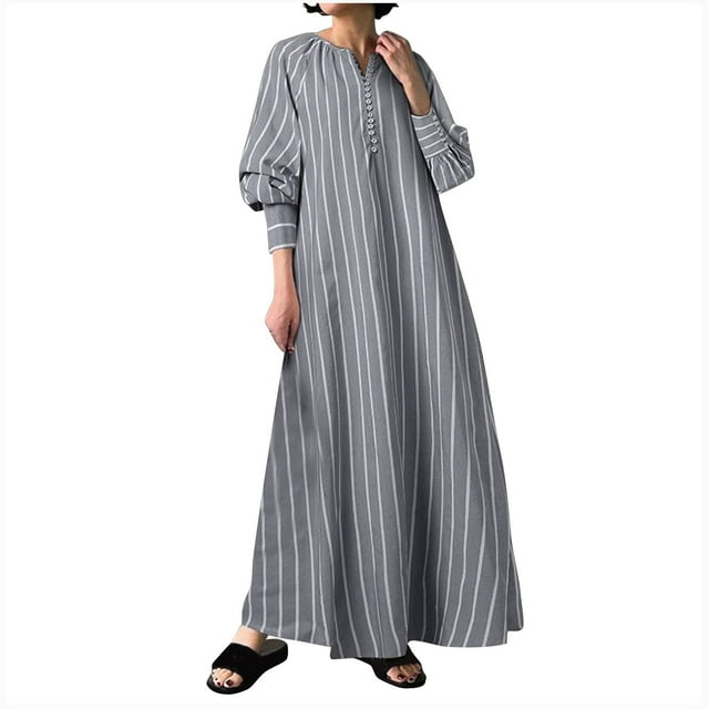 cfhntfmh Robes d'Automne pour Femmes 2024 Décontractées à Col en V avec Boutons Manches Longues Bouffantes Robe Grande Taille Ample Fluide à Rayures Robe de Soirée