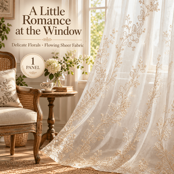 Embroidered Sheer Curtain Panel, Rope Botanical Leaf Floral Drape, Light Filtering White Transparent Voile, 52x108 in Window Curtain for Living Room Bedroom Home Interior Decoration