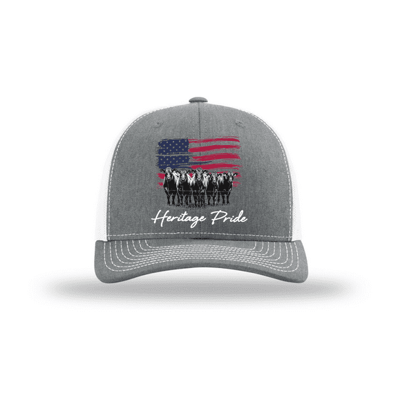 Heritage Pride Men's Embroidered Mesh Back Trucker Hat - American Flag & Angus Cattle Design, Heather Grey/White