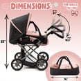 thumbnail image 3 of Dolls To Play Baby Doll Convertible Pram Stroller, 3-in-1 Doll Carriage with Removable Bassinet, Adjustable Handle, Canopy, Storage Basket, Pink/Black, 3 of 7