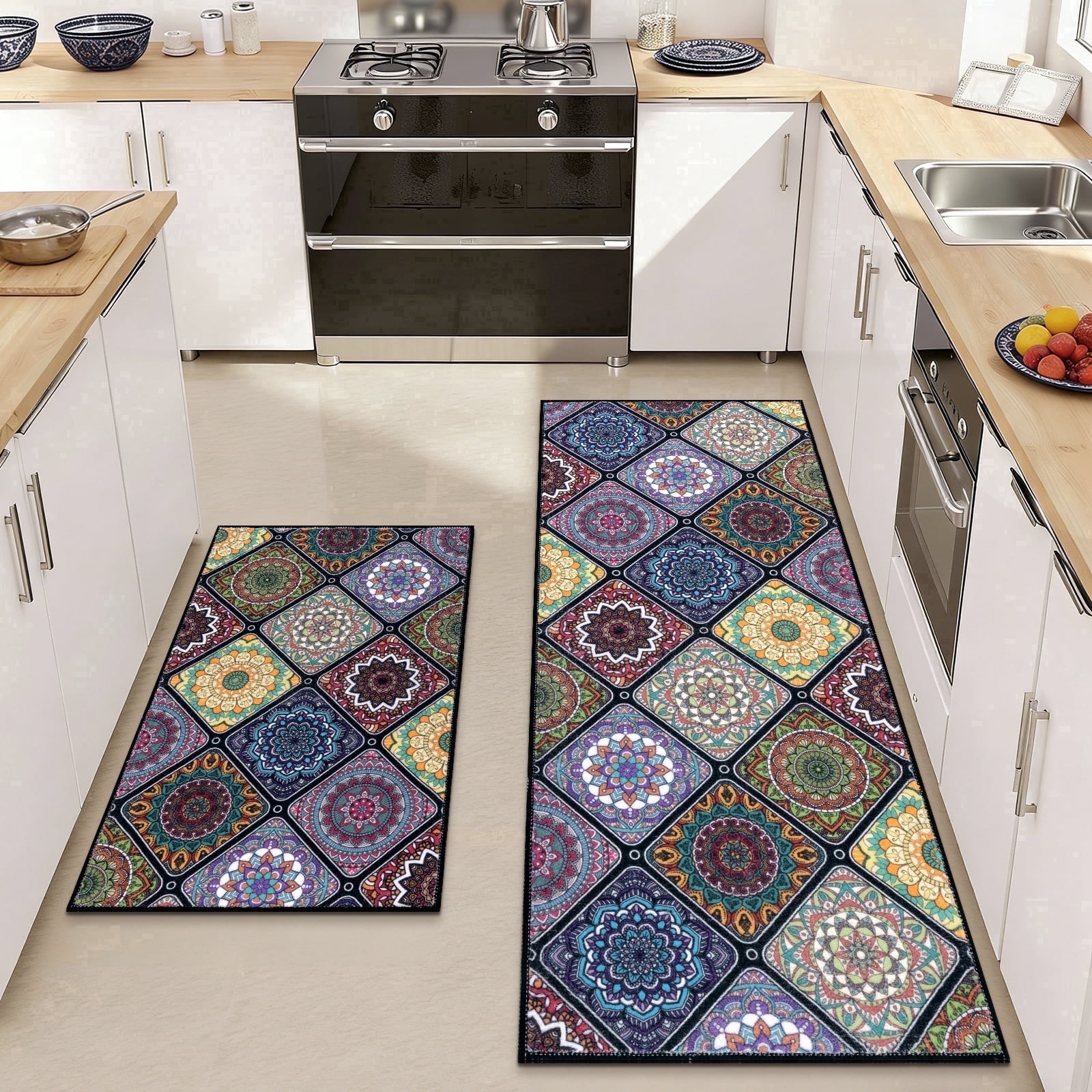 Findosom 2pc Boho Kitchen Rugs and Mats Set, Non Slip Washable Kitchen Runner Rug for Kitchen Floor, Farmhouse Kitchen Decor, Hallway, Entryway, Laundry Room,20"x32"+20"x47" Colorful