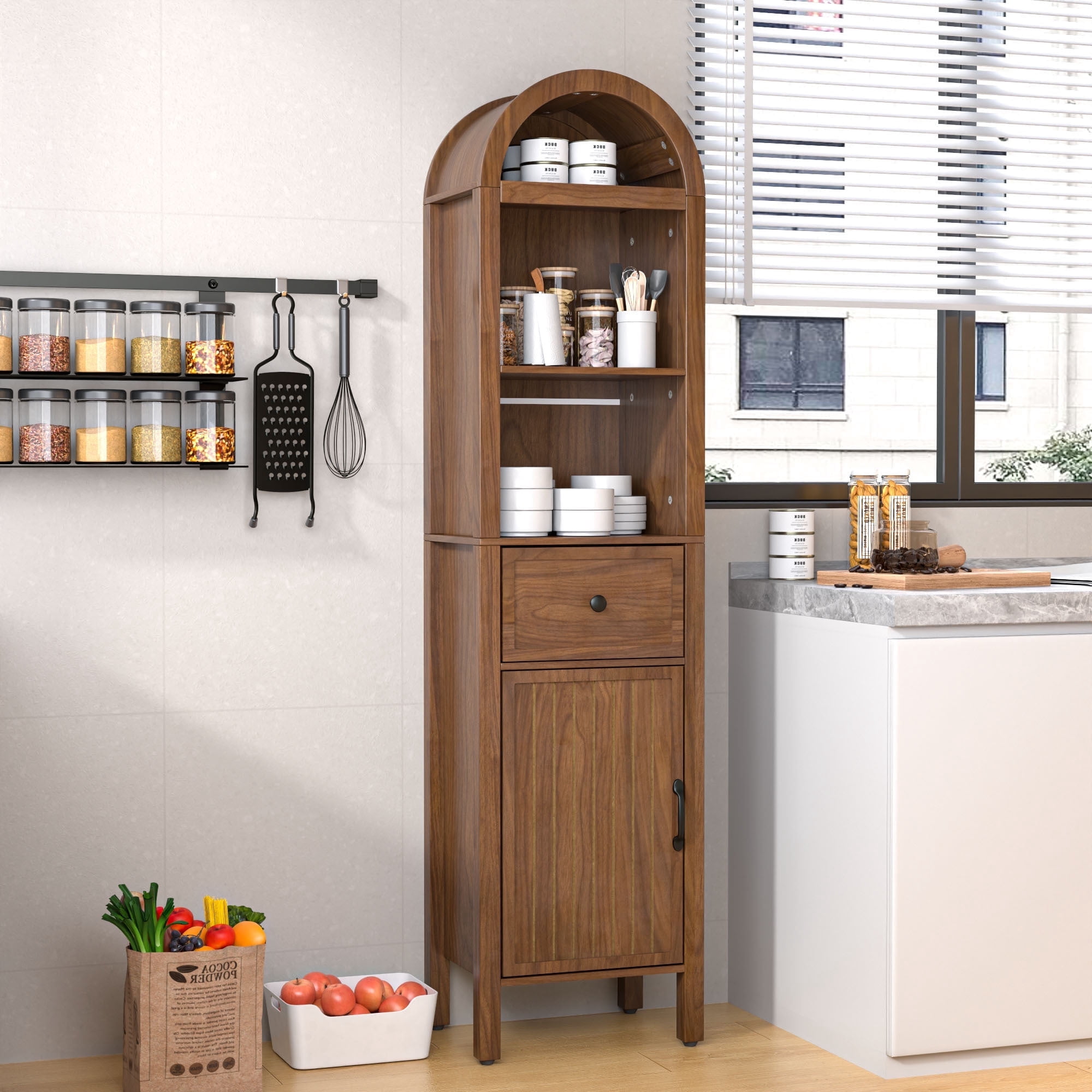 Oubayajia 64" Tall Bathroom Storage Cabinet, Narrow Tall Arched Linen Standing Tower Cabinet, Kitchen Cupboard with Adjustable Shelf and Drawer