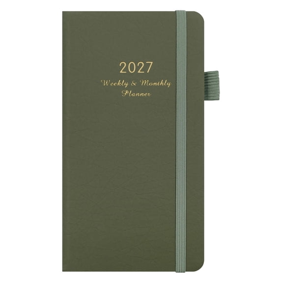 Pocket Planner 2027 Weekly and Monthly (3.9" x 7.1") 18 Months Small Academic Calendar, 72 Sheets/144 Pages, Ideal for Study, Work & Home, Storage Pocket, PU Leather Hardcover,Fern