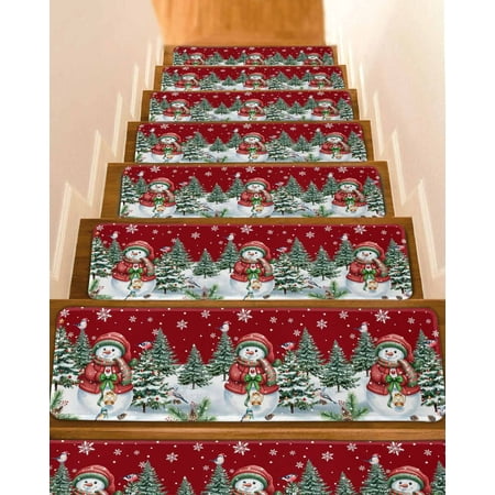 Red Snowman Christmas Stair Treads for Wooden Steps Indoor Runner Rug Carpet Snowflake Xmas Tree Green 4 Pieces Peel and Stick Staircase Step Treads Covers Washable Throw Door Mats 30 x8