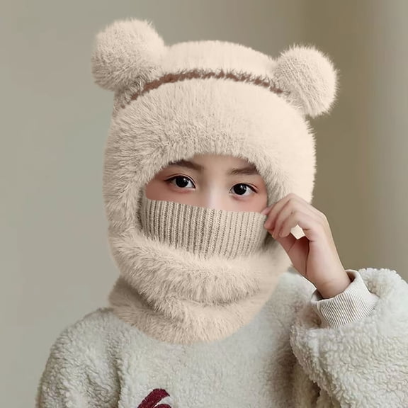 Xdegoge Girls Boys Winter Hat Fleece Fuzzy Warm 3 in 1 Beanie Hat with Scarf and Mask Knitted Plush Cute Pompom Winter Thermal Outdoor Hiking Skiing Snowboarding Balaclava for Kids
