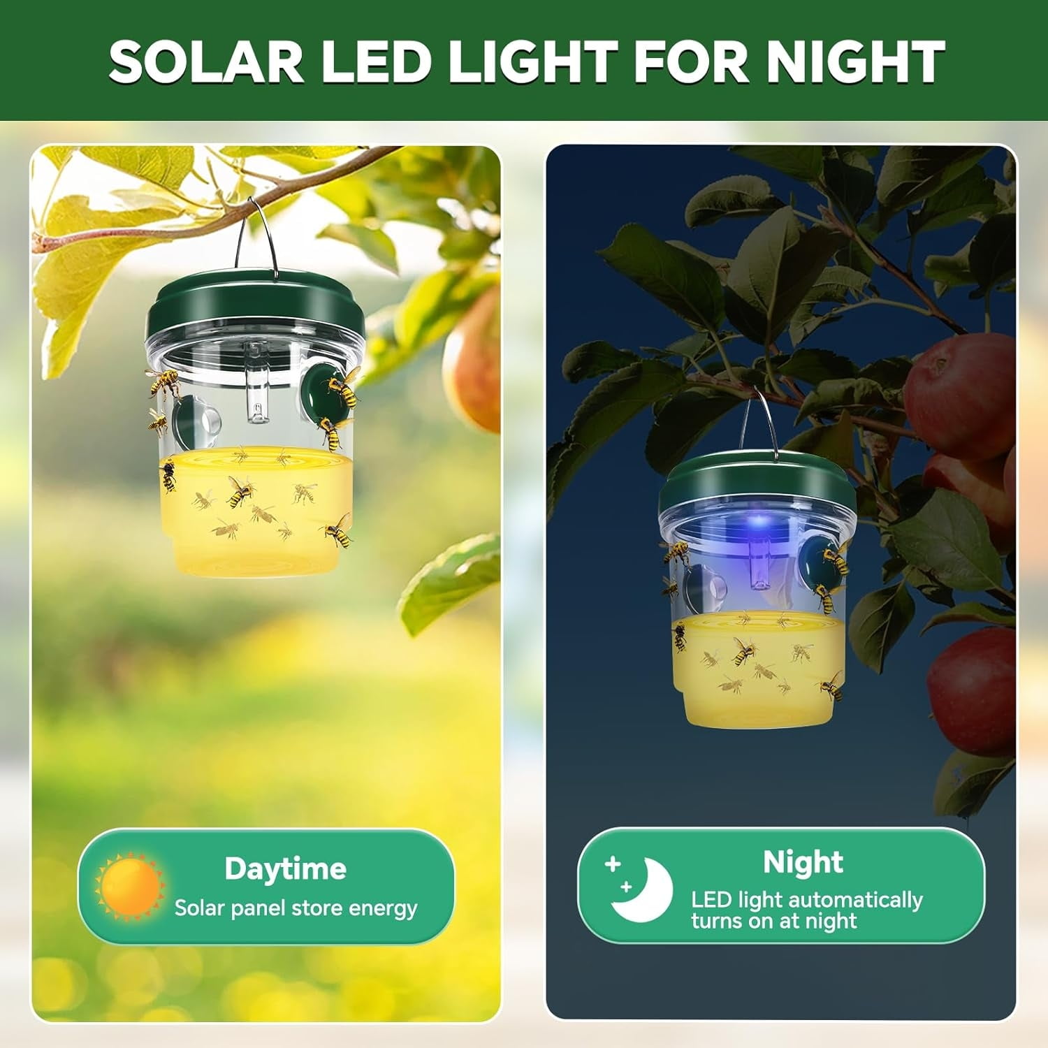 Wasp Trap, 4 Pack Solar Wasp Traps Outdoor Hanging, Wasps Killer Reusable Yellow Jacket Hornet Trap with LED Light, Carpenter Bee Traps for Outside Garden, Patio, Orchard, Camping